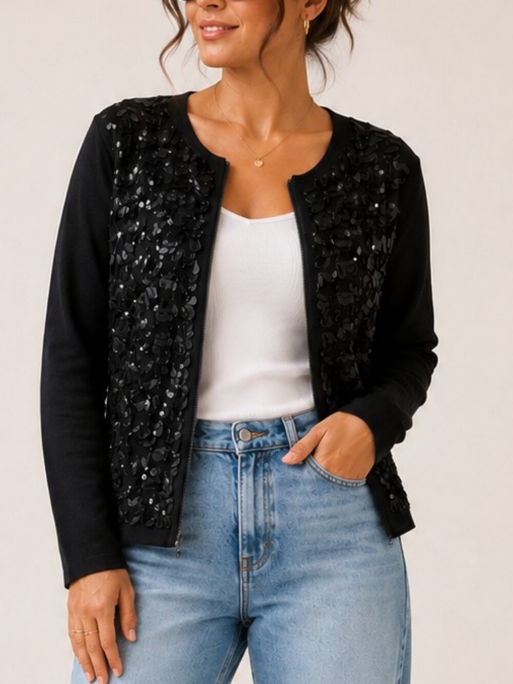 Vintage Gantos 80s 90s Black Sequin Zip Cardigan Sweater Ribbon Trim Size Small